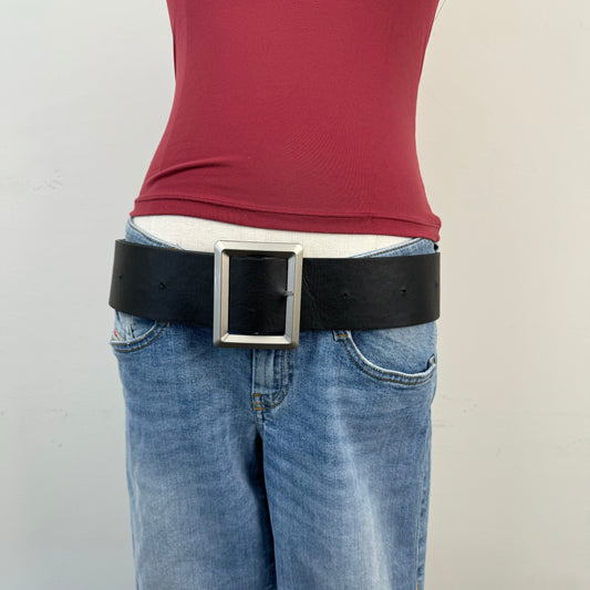 Black Faux Leather Chunky Silver Buckle Belt