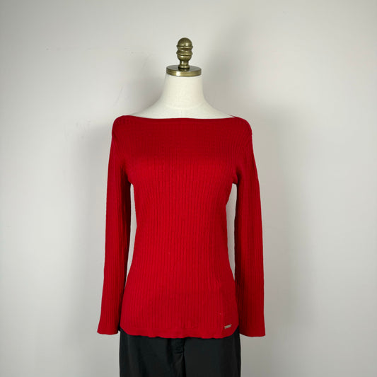 Red Cable Knit Boat Neck Sweater