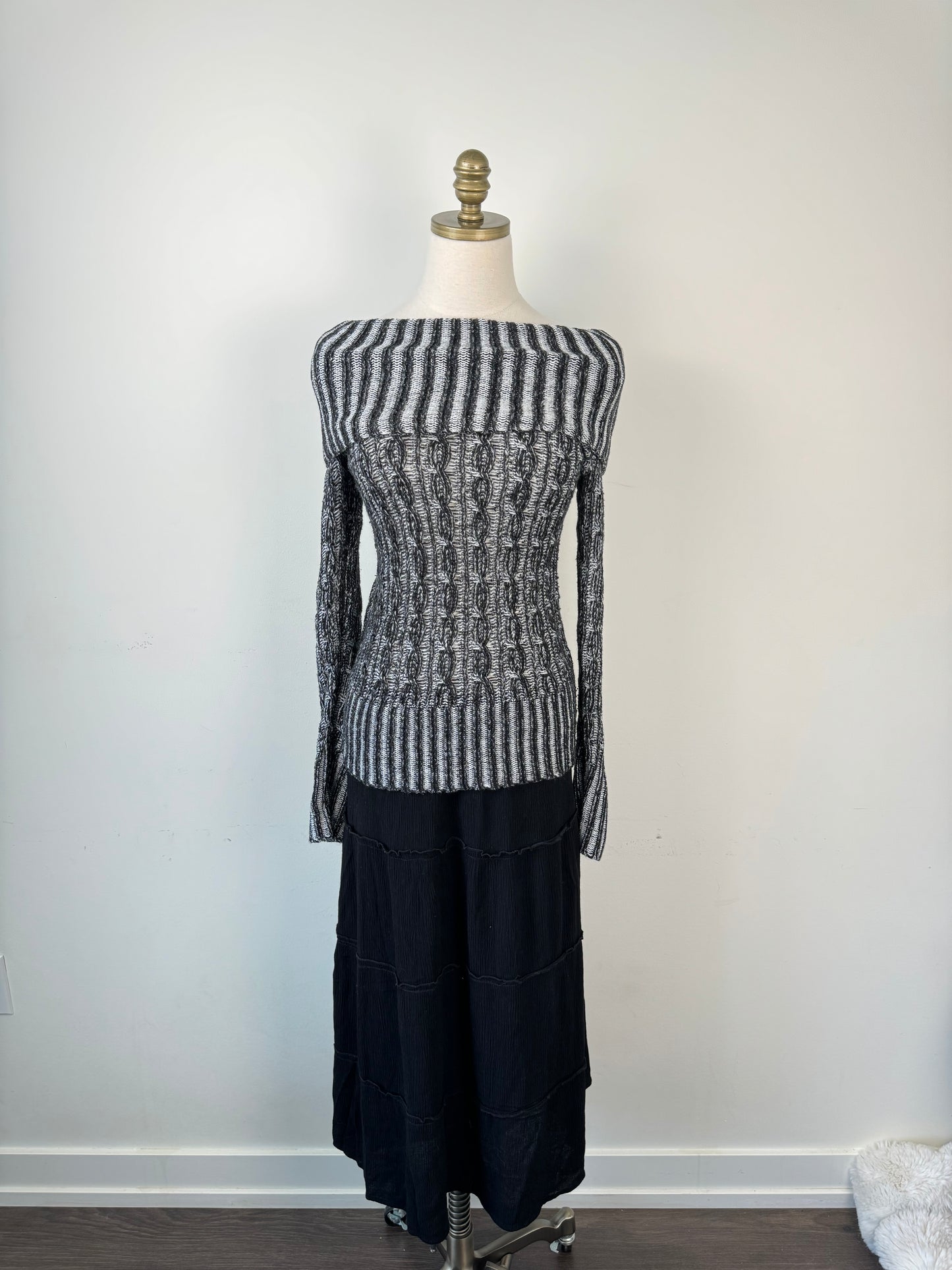 Off The Shoulder Ribbed Two-Tone Sweater