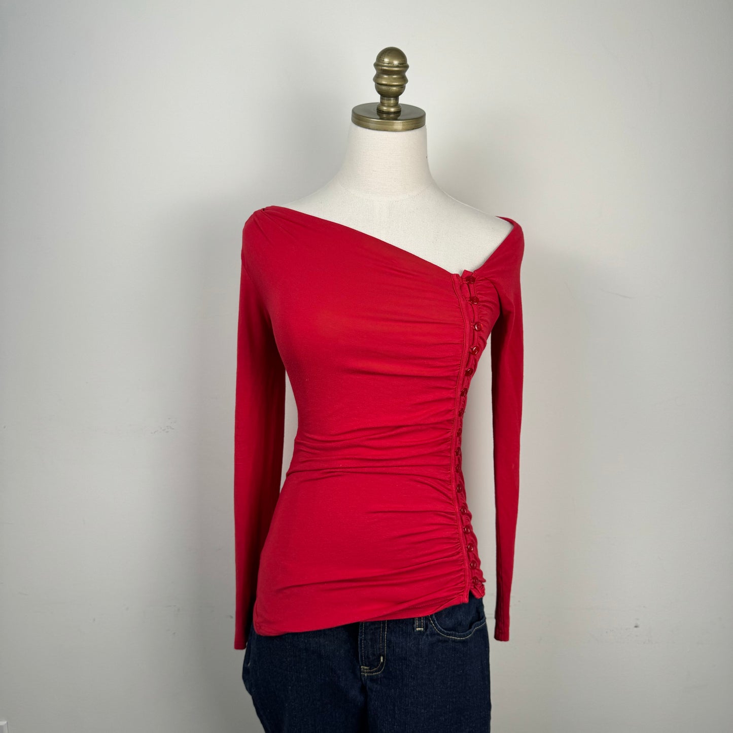 Asymmetric Fitted Red Long Sleeve Top