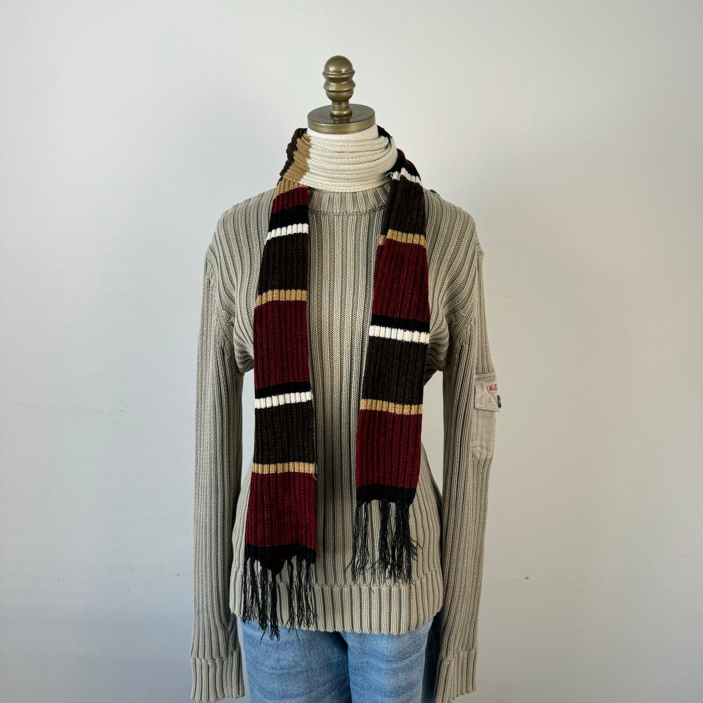 Red, Cream, Brown Striped Knit Scarf