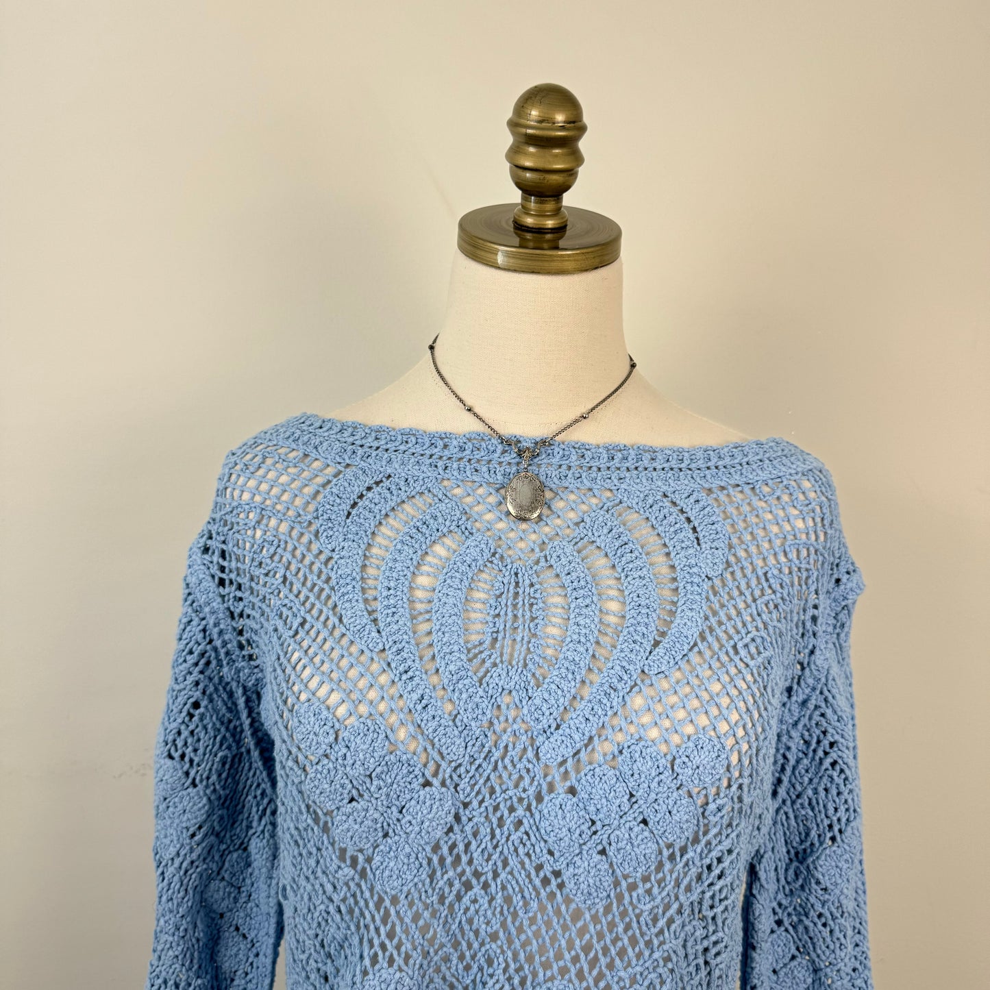 Blue Crochet Boat Neck Sweater