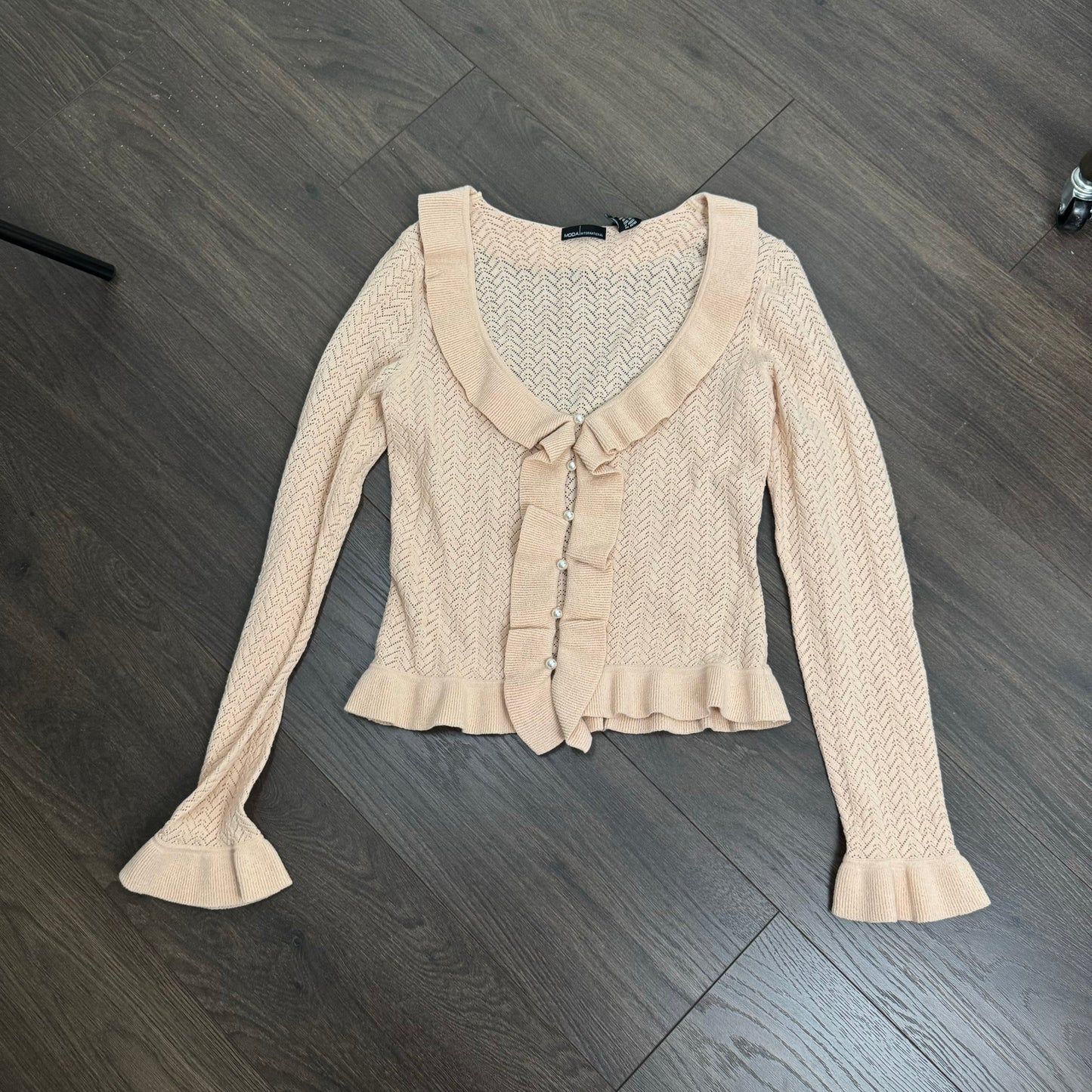 Pink Ruffled Open Knit Long Sleeve Top