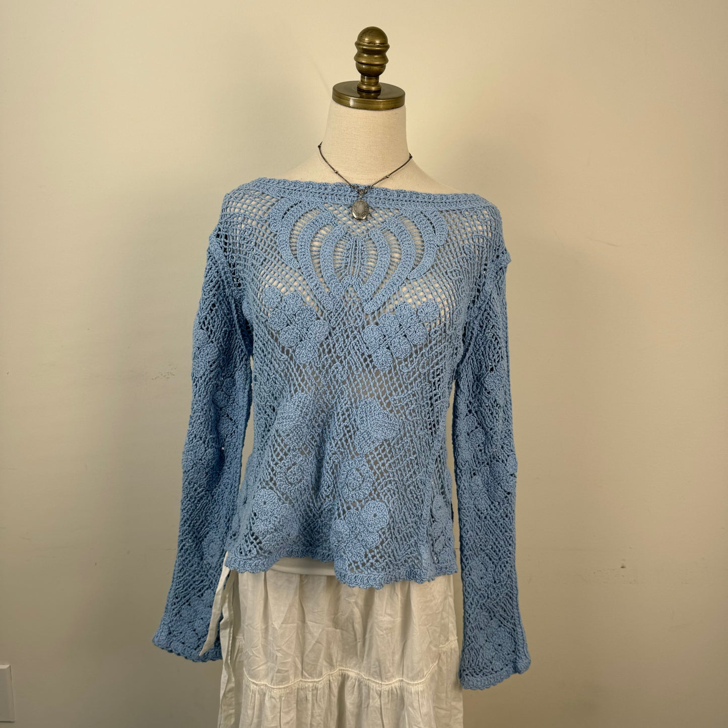 Blue Crochet Boat Neck Sweater