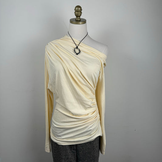 Cream Draped Off Shoulder Ruched Long Sleeve Top