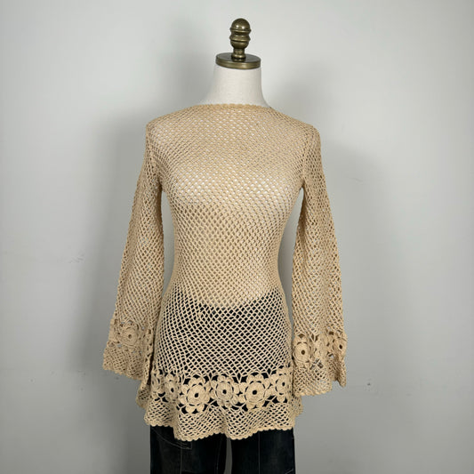 Open Knit Crochet Bell Sleeve Long Top