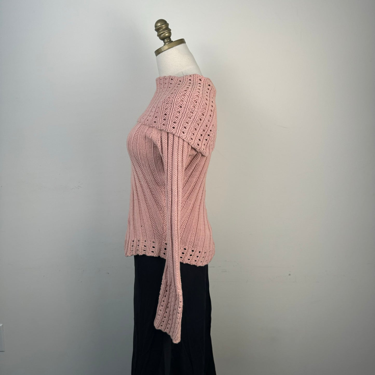 Powder Pink Fold Over Bell Sleeve Knit Sweater