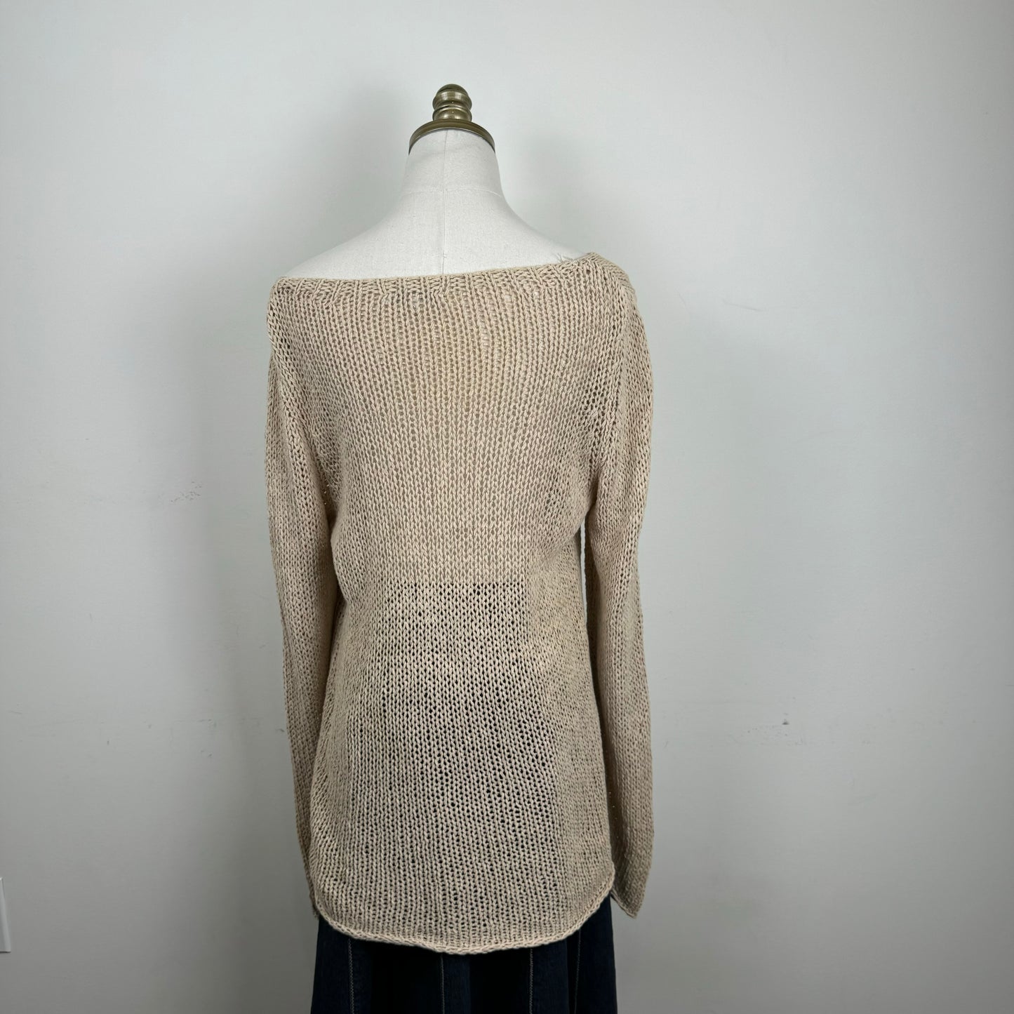 Beige Off Shoulder Loose Knit Crochet Sweater