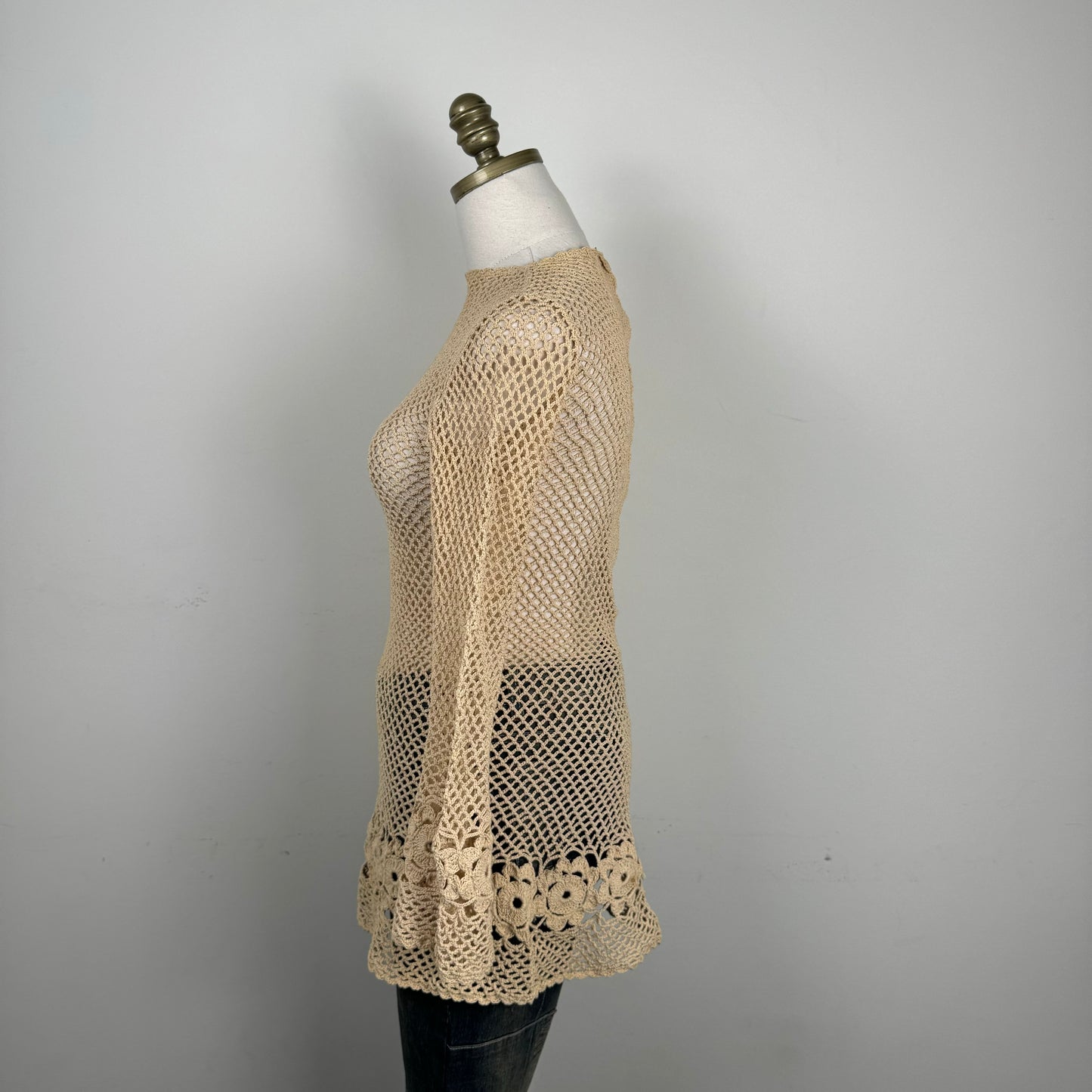 Open Knit Crochet Bell Sleeve Long Top