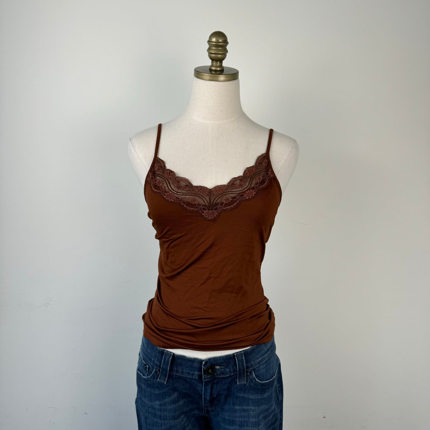 Brown Lace Trim Cami Top