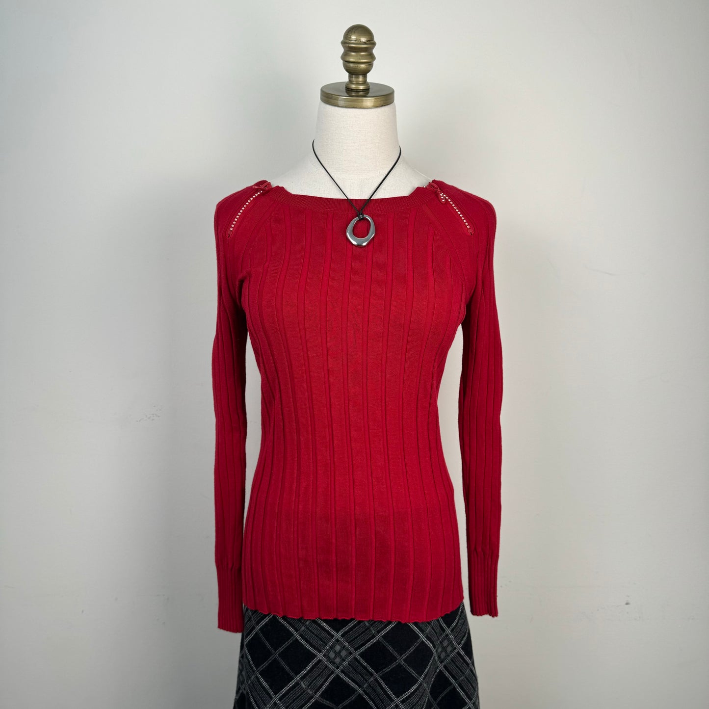 Red Boat Neck Ribbed Fitted Sweater