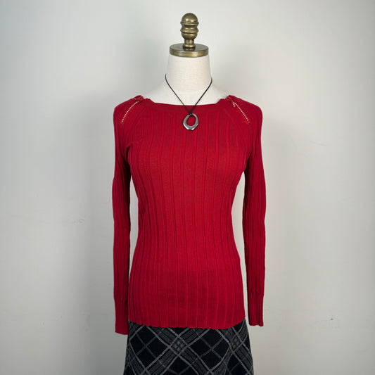 Red Boat Neck Ribbed Fitted Sweater
