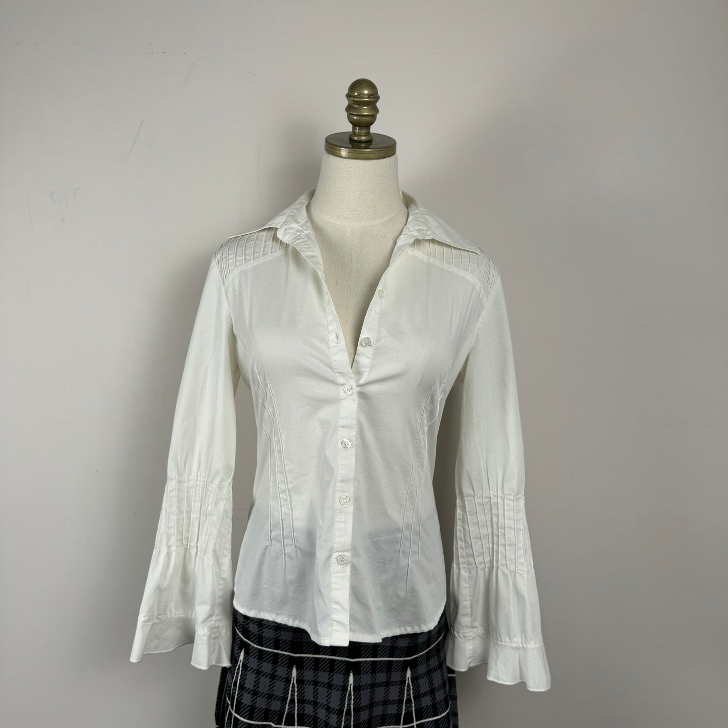 White Fitted Pleated Button Up Shirt