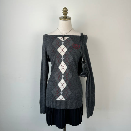 Preppy Argyle Boat Neck Sweater