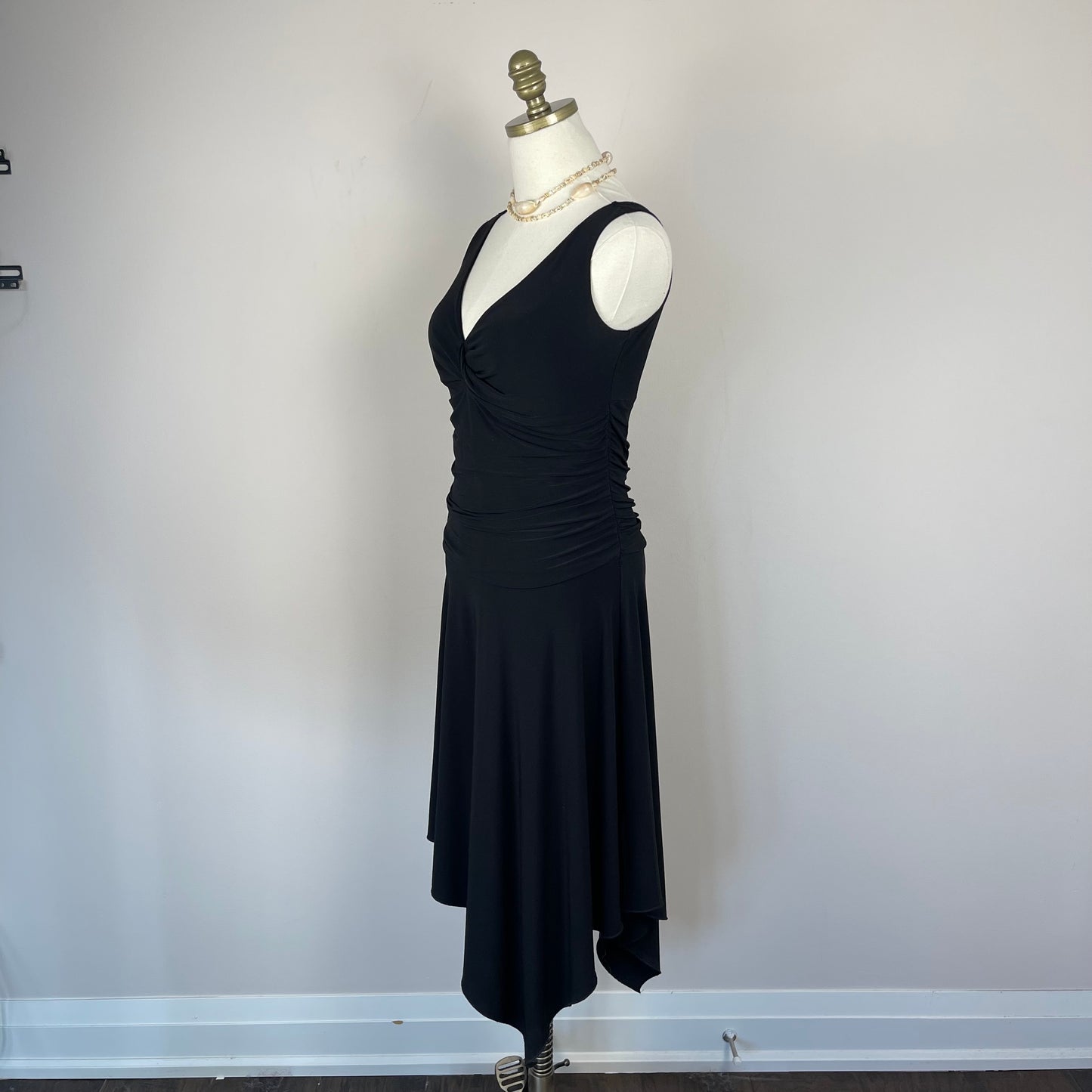 Black Asymmetric Slinky Drop-Waist Midi Dress