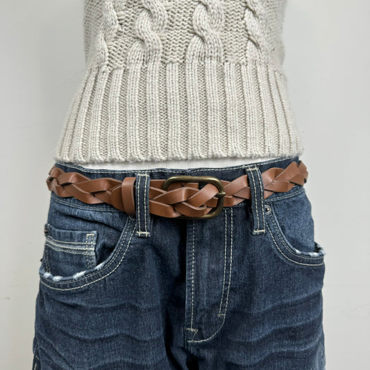 Brown Braided Leather Gold Buckle Belt