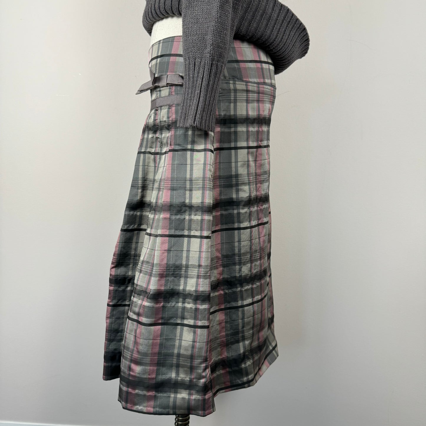 Grey and Pink Coquette Plaid Midi Skirt