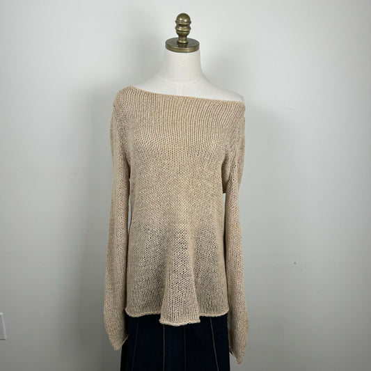 Beige Off Shoulder Loose Knit Crochet Sweater