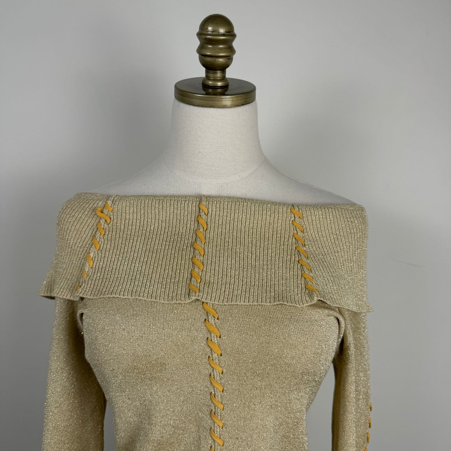 Gold-Beige Off Shoulder Lace Up Sweater
