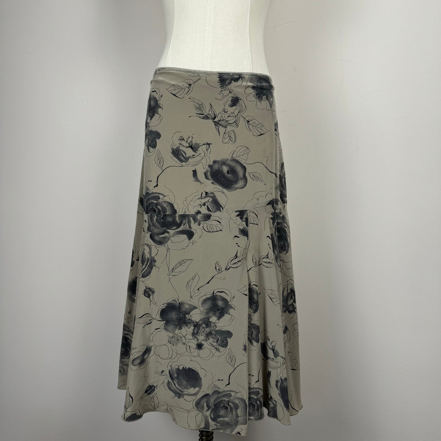 Floral Print Mesh Overlay Silk Midi Skirt