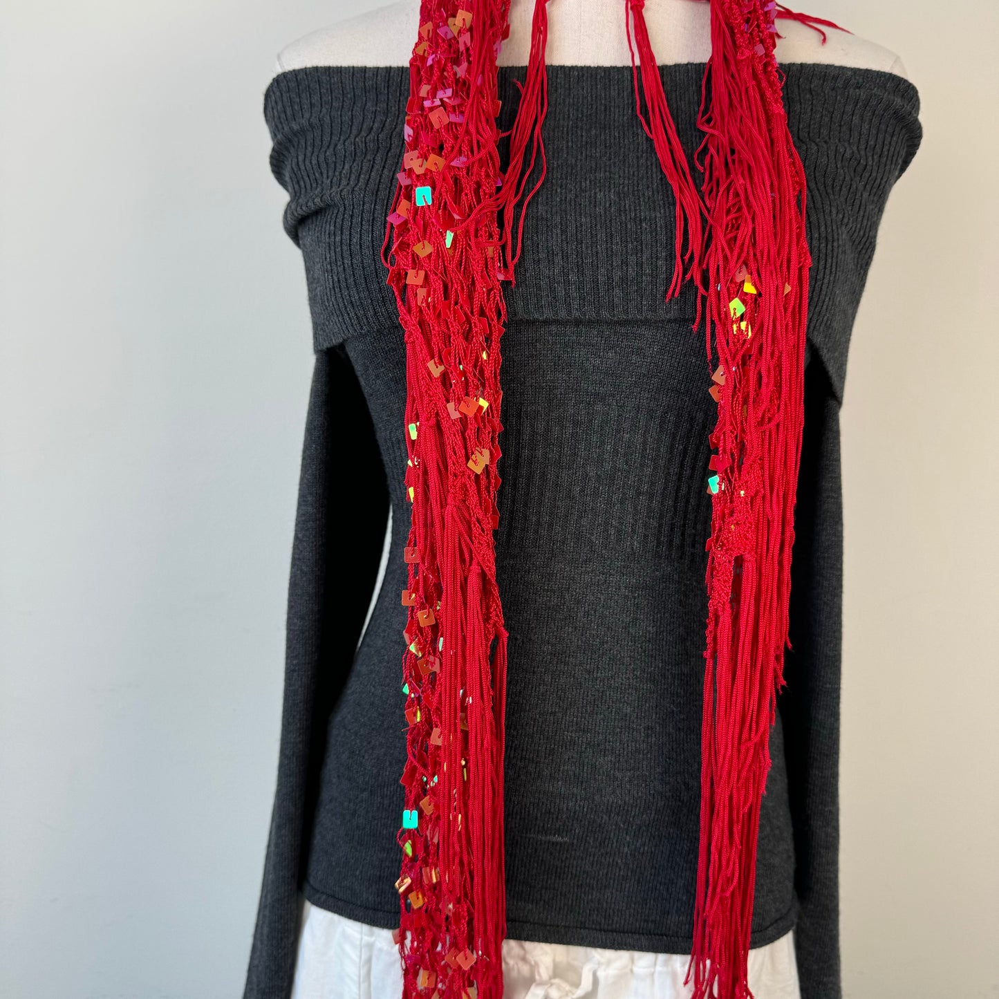 Red Knit Skinny Scarf