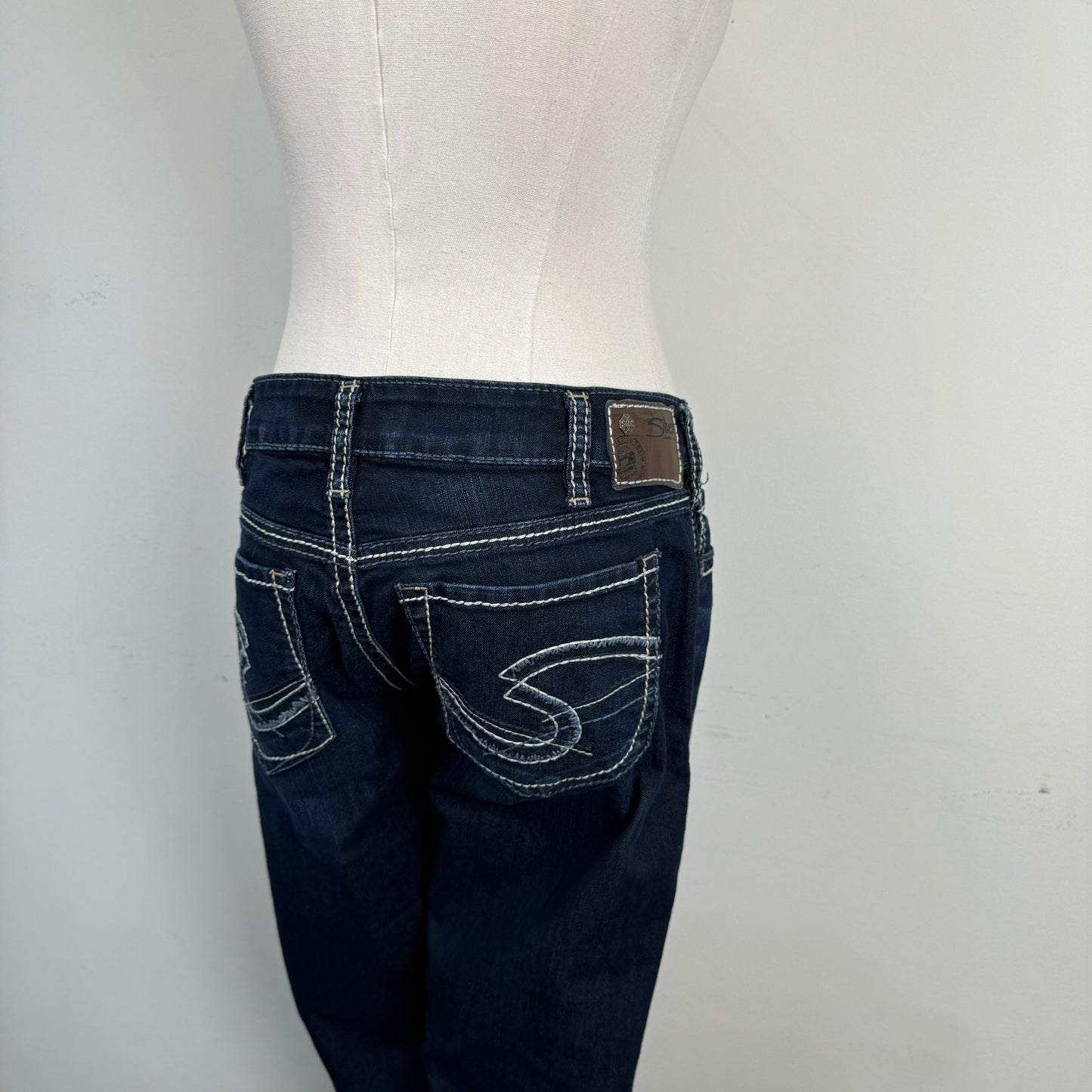 Silver Low Rise Dark Wash Straight Cut Jeans