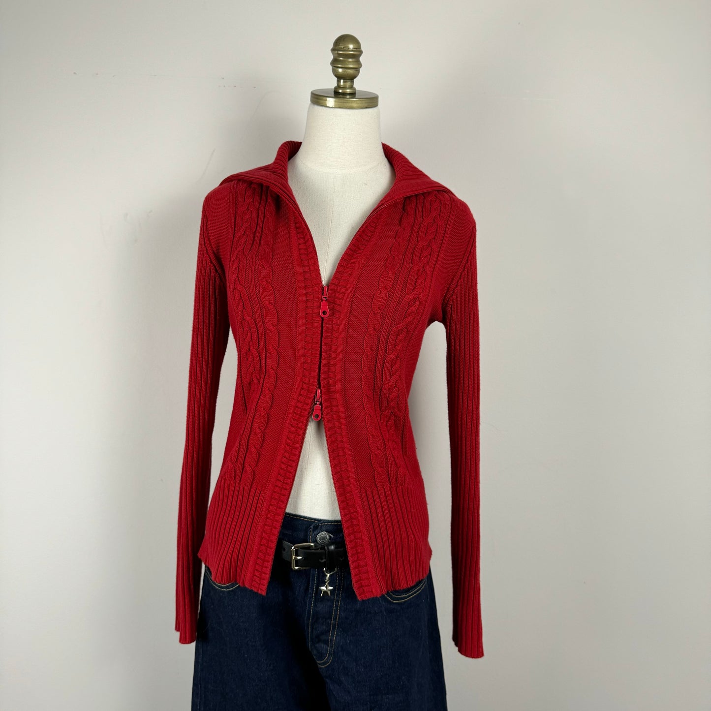 Vintage Red Double Zip Cable Knit Sweater