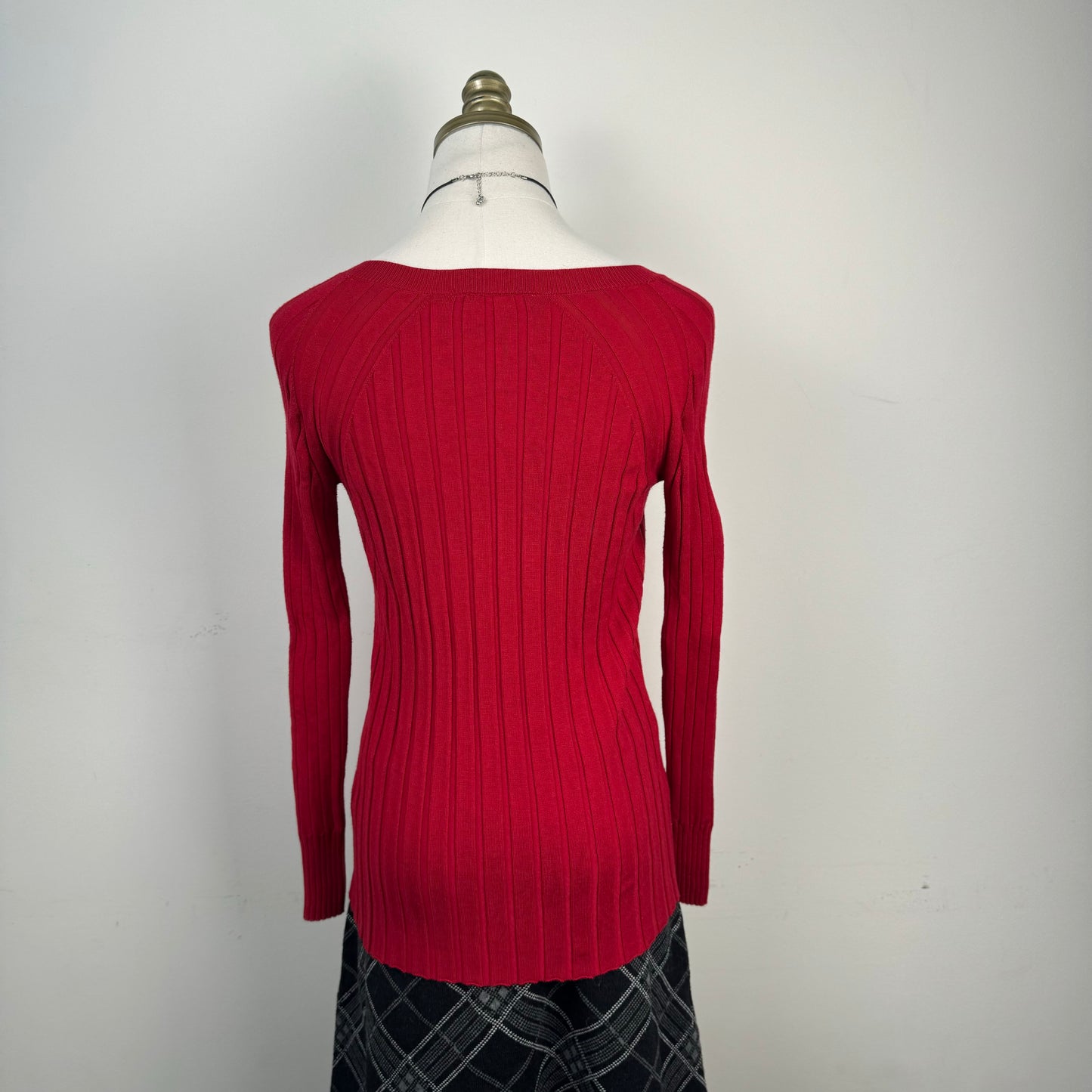 Red Boat Neck Ribbed Fitted Sweater