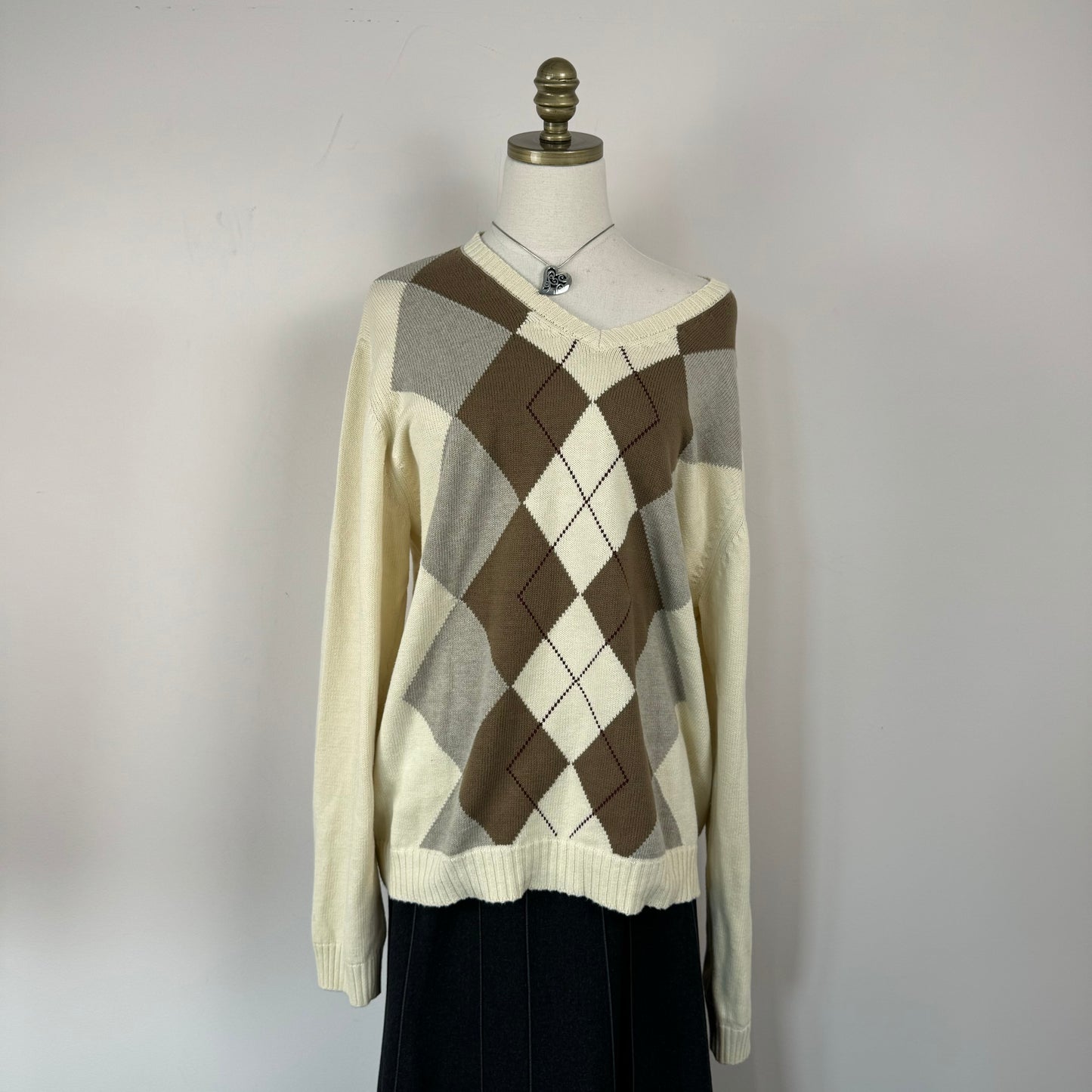 Vintage Cream Argyle Oversized Sweater