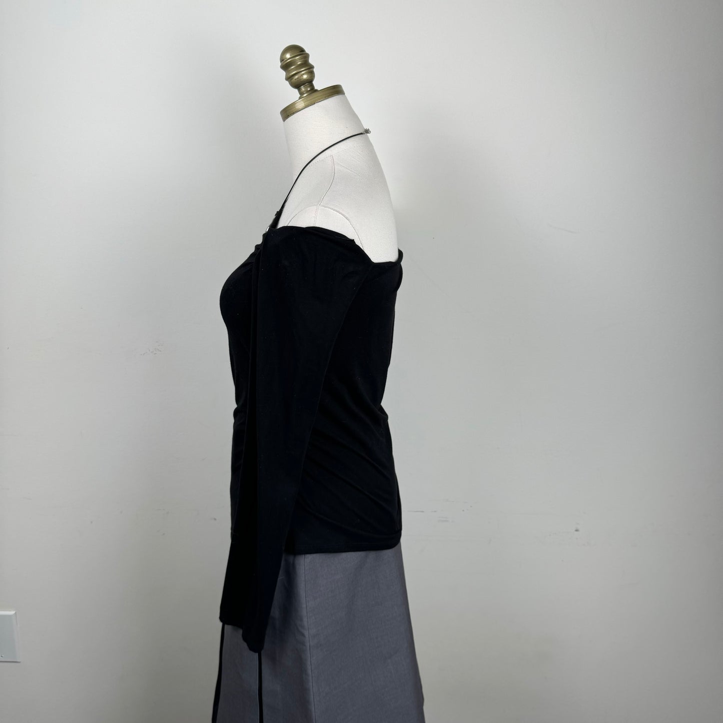 Black Asymmetric Off Shoulder Fitted Long Sleeve Top