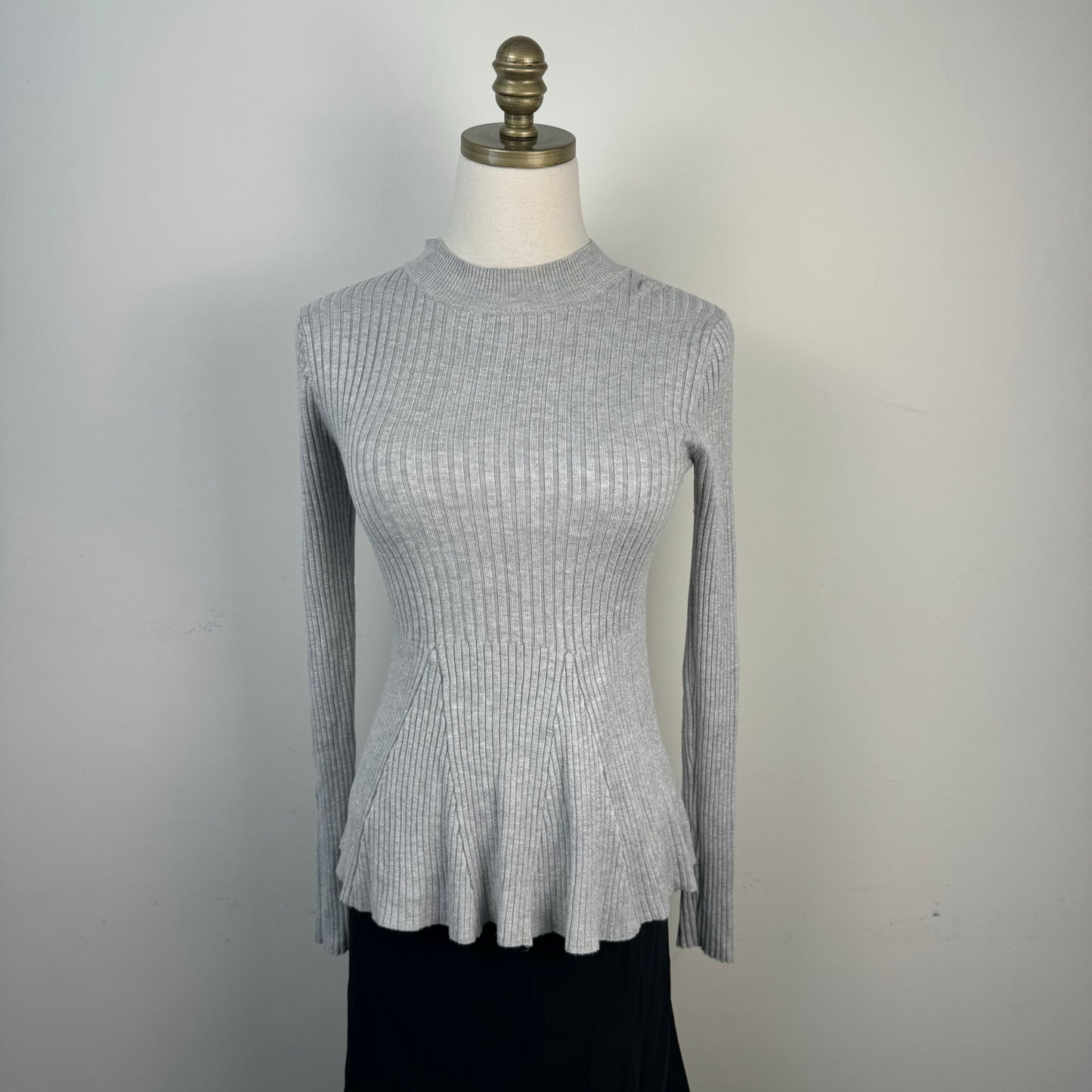 Grey Mock Neck Ribbed Sweater Flared Hem