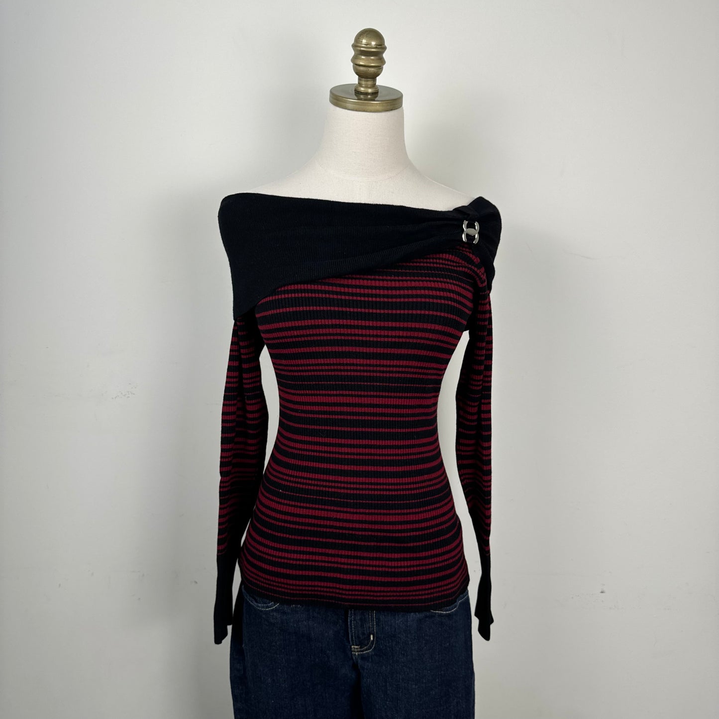 Striped Off Shoulder Fitted Sweater