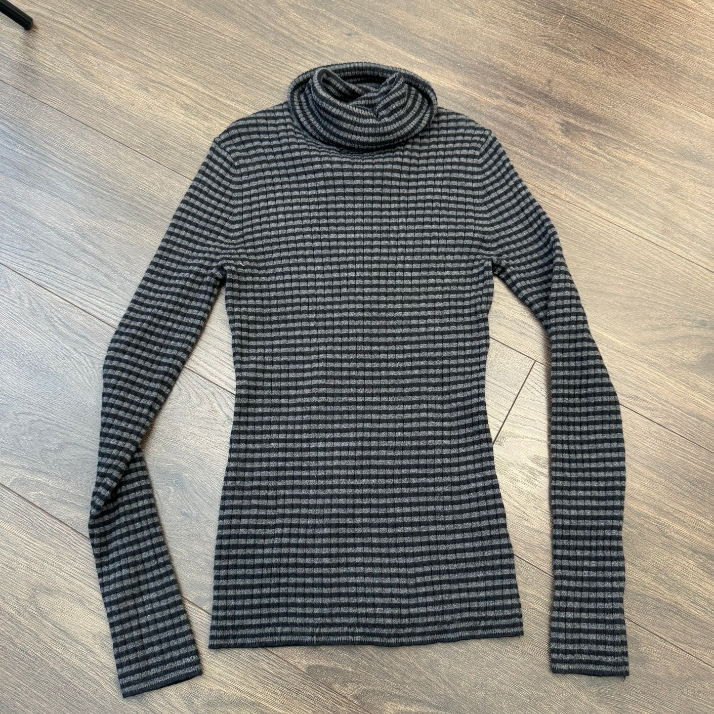 Black and Grey Striped Fitted Turtleneck Sweater