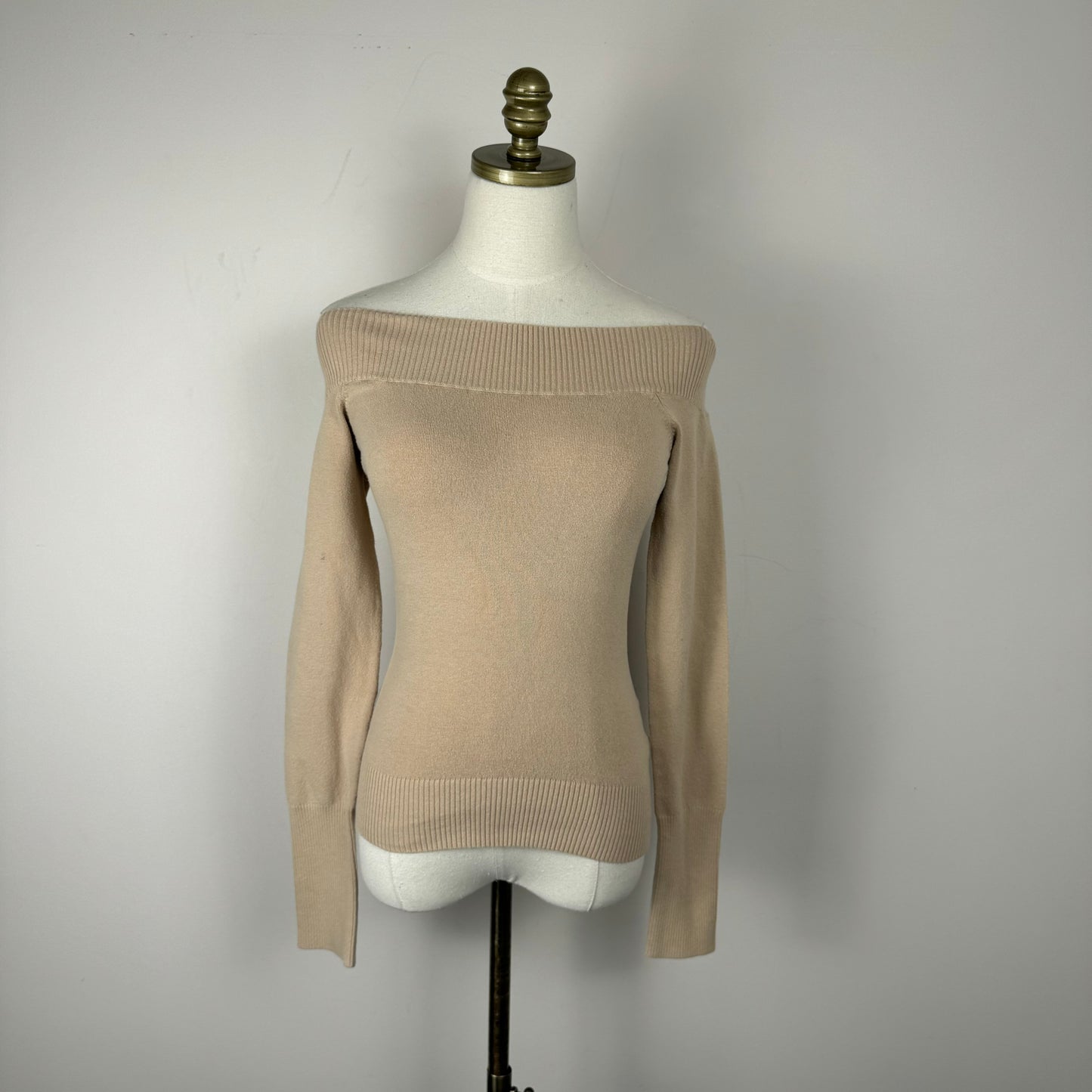 Beige Off Shoulder / Boat Neck Knit Sweater