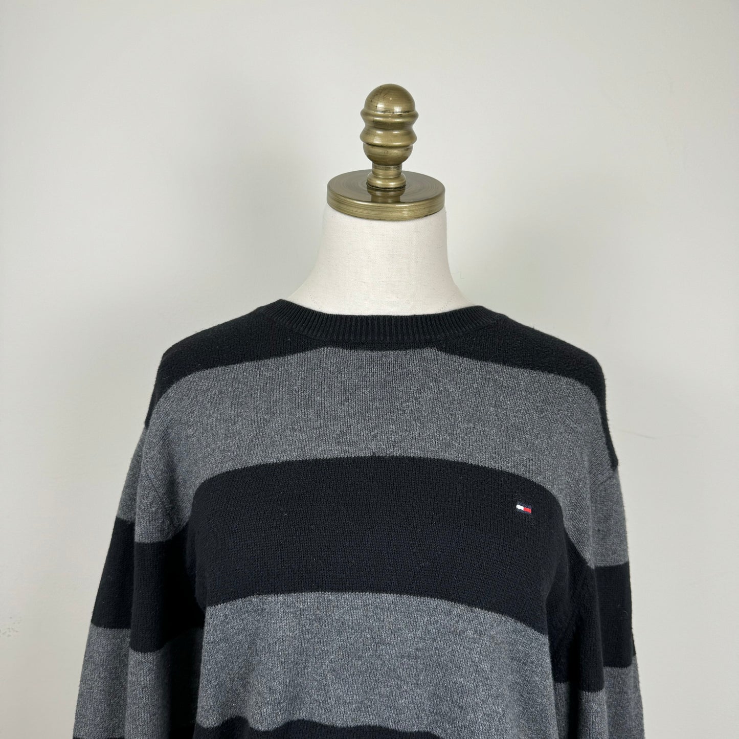 Tommy Black and Grey Striped Crewneck Sweater