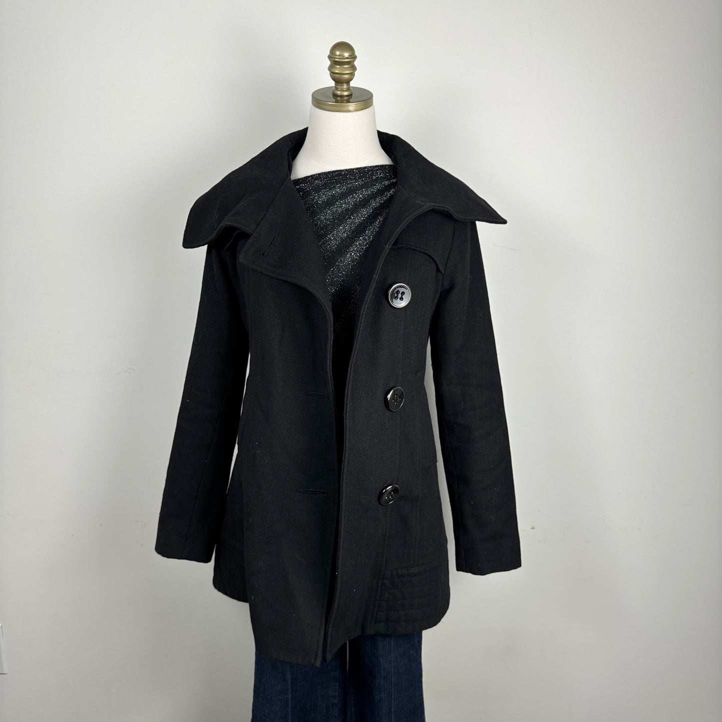 Black Wool Funnel Neck Trench Coat