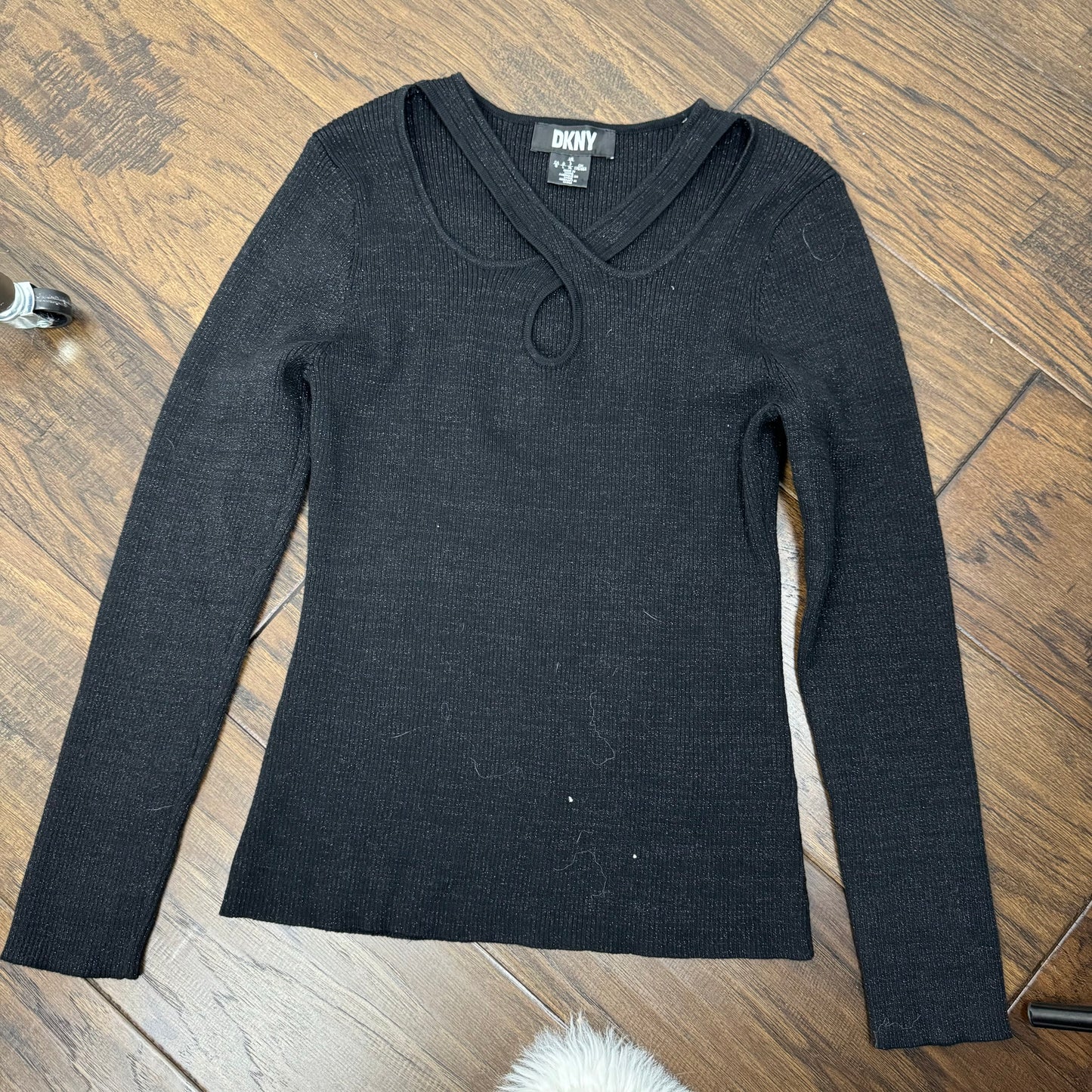 DKNY Black Ribbed Knit Cutout Sweater