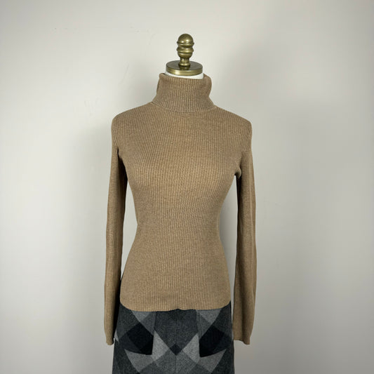 Brown Ribbed Knit Turtleneck Sweater