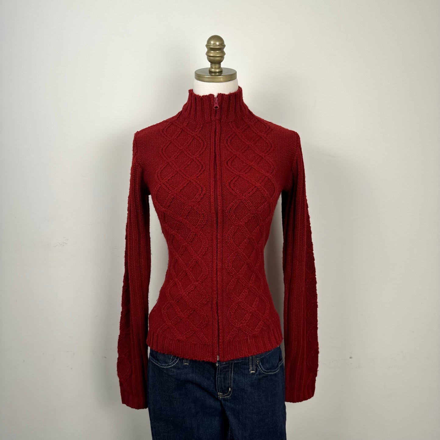 Red Cable Knit Zip Up Sweater