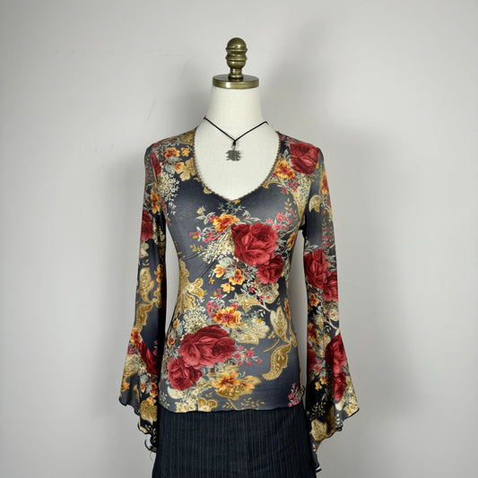 Vintage Floral Print Bell Sleeve Top