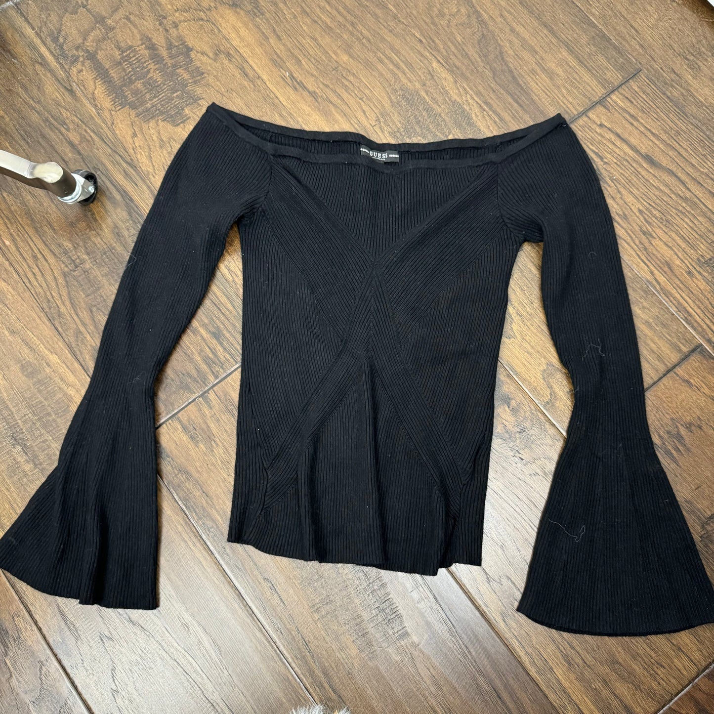 Guess Black Fitted Off Shoulder Bell Sleeve Sweater