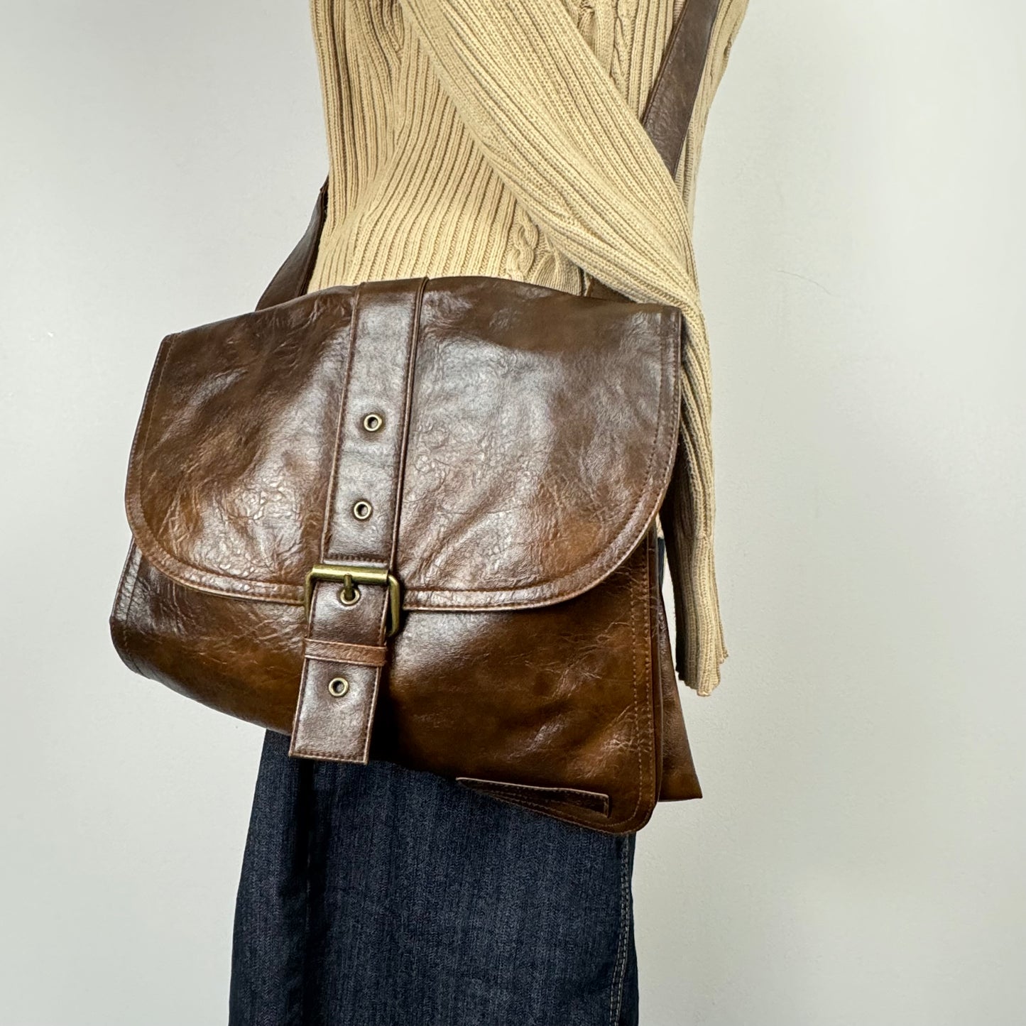 Brown Crossbody Messenger Gold Buckle Leather Bag