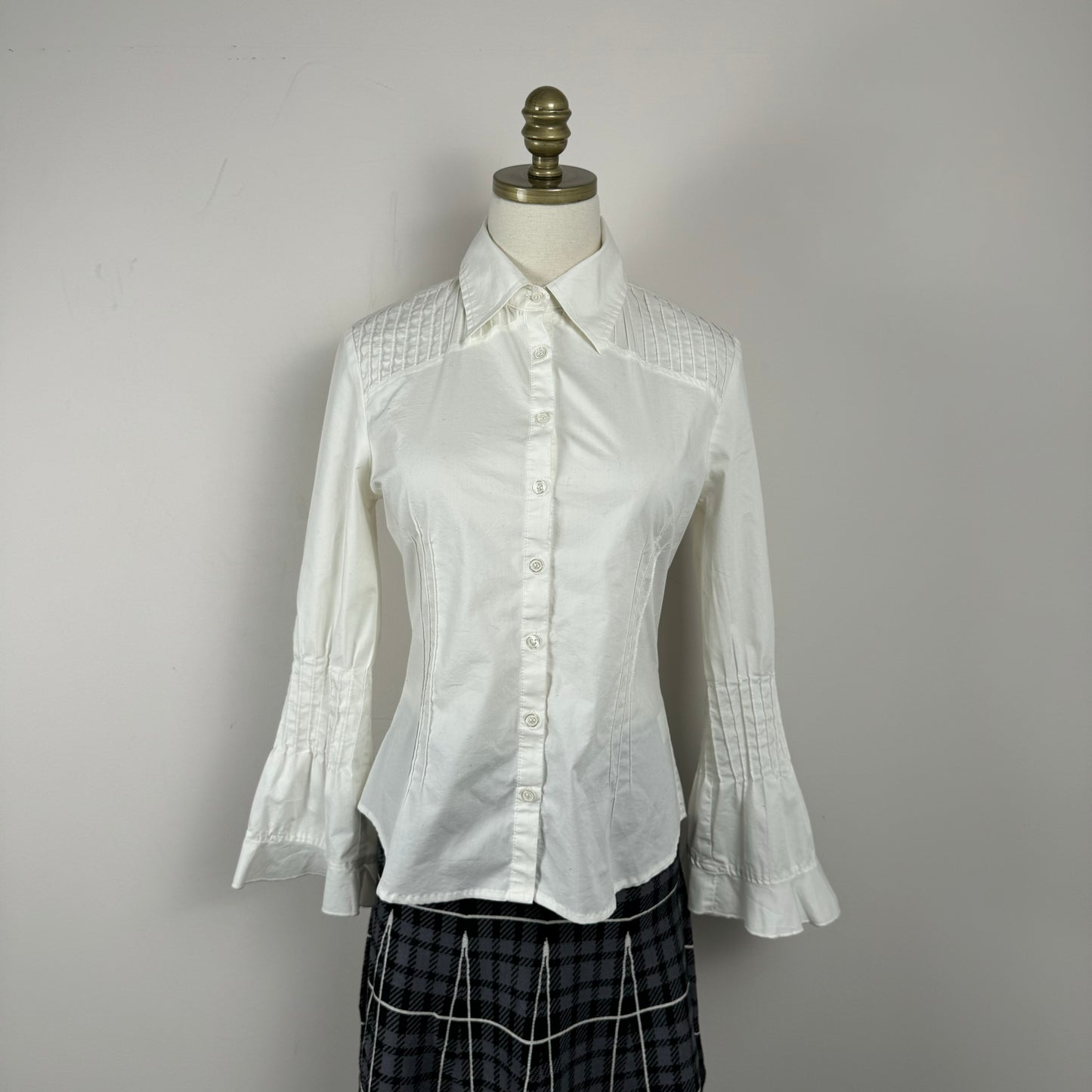 White Fitted Pleated Button Up Shirt