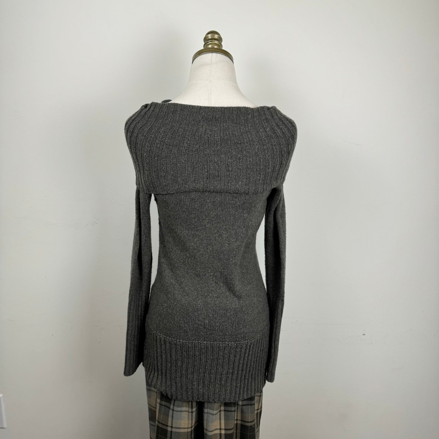 Grey Off Shoulder Gold Button Sweater