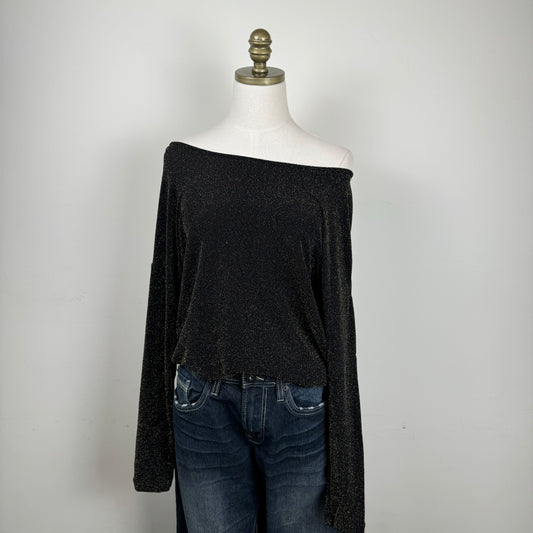 Black and Gold Sparkle Off Shoulder Draped Top
