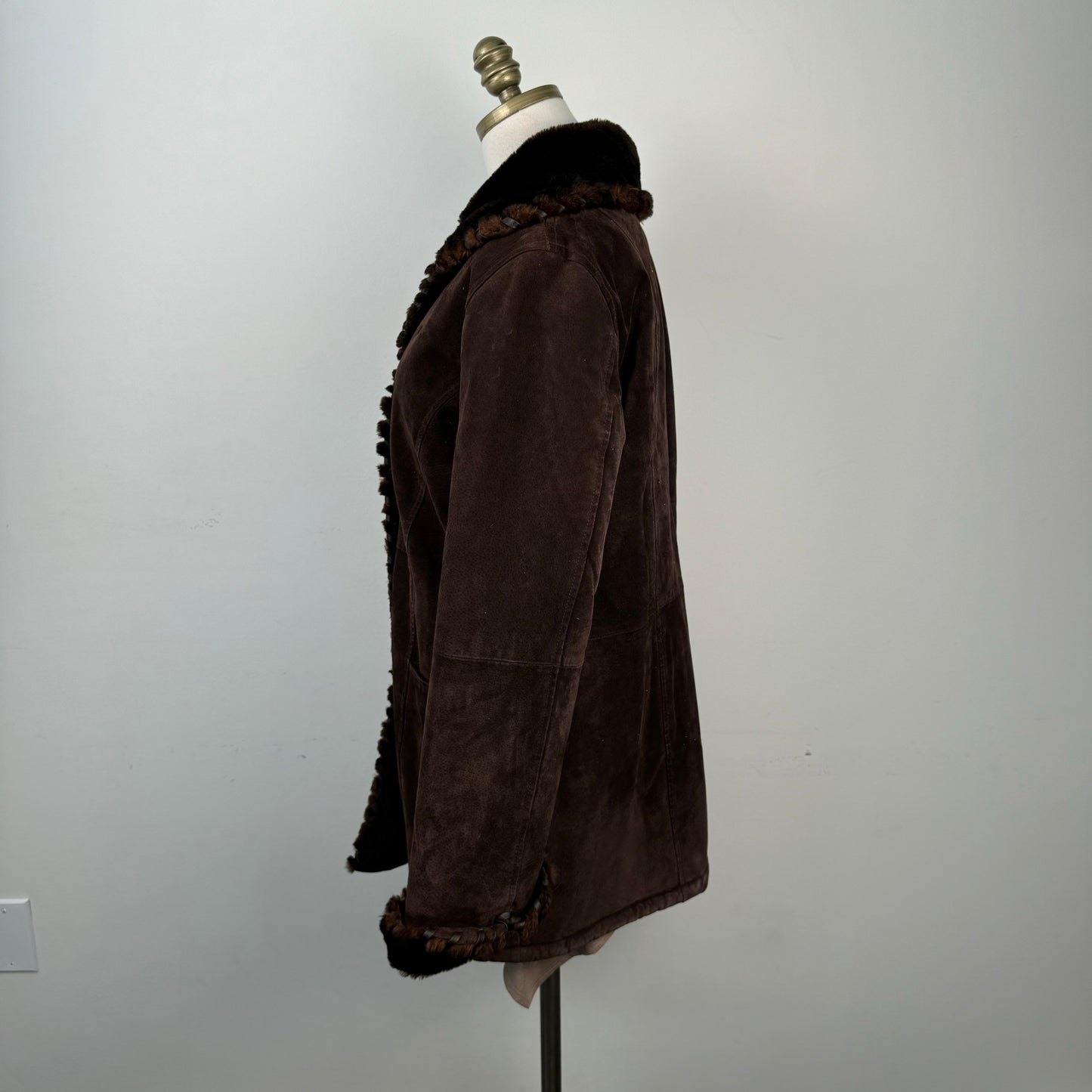 Vintage Brown Genuine Suede Leather Fur Trim Coat