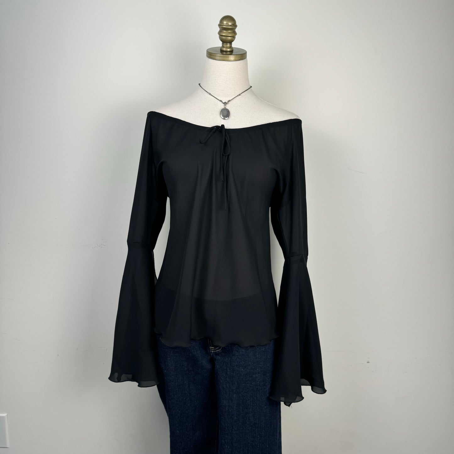 Black Chiffon Off Shoulder Bell Sleeve Top