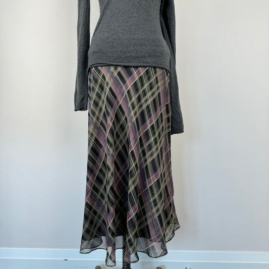 Vintage Plaid Chiffon Midi Skirt