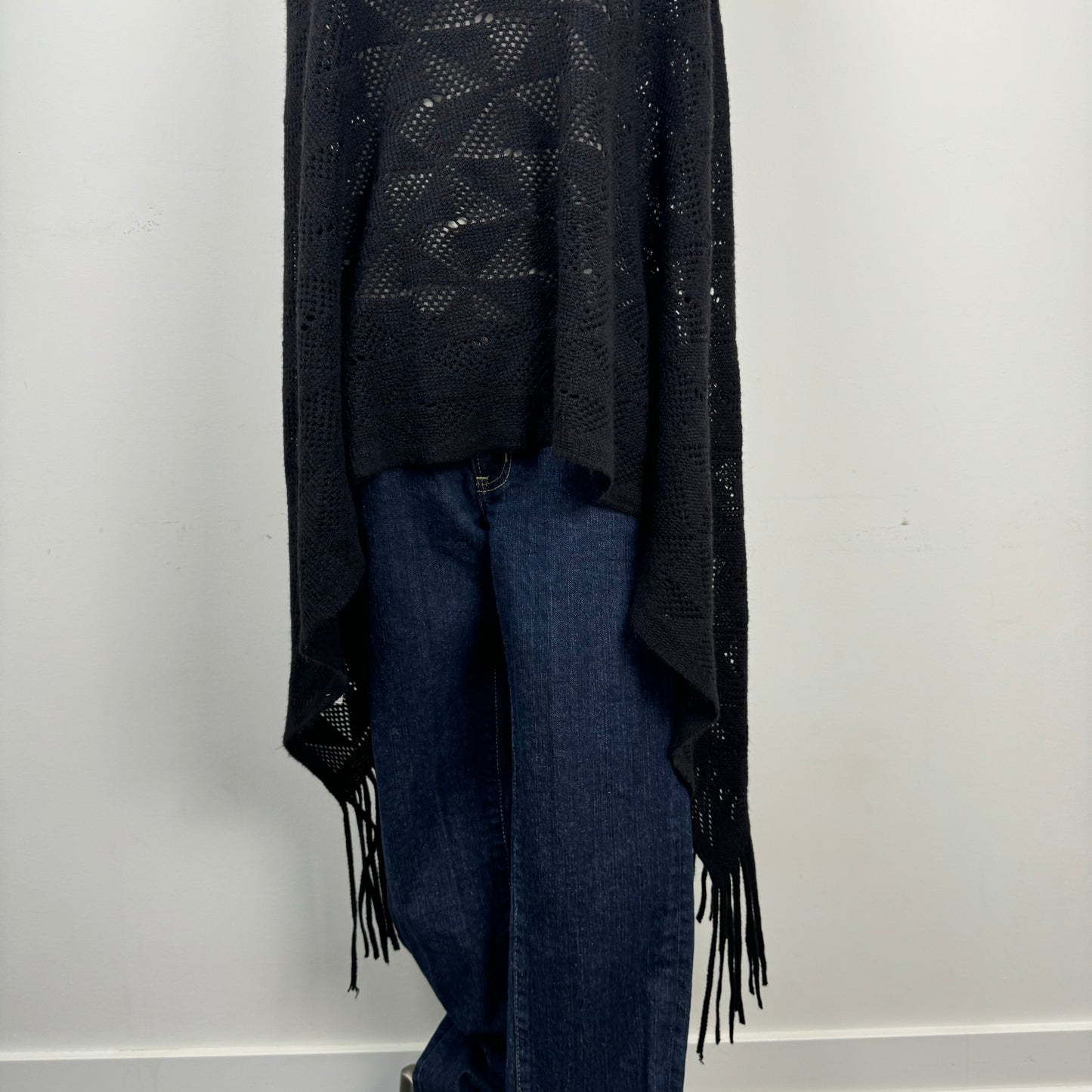 Black Knit Poncho with Fringe