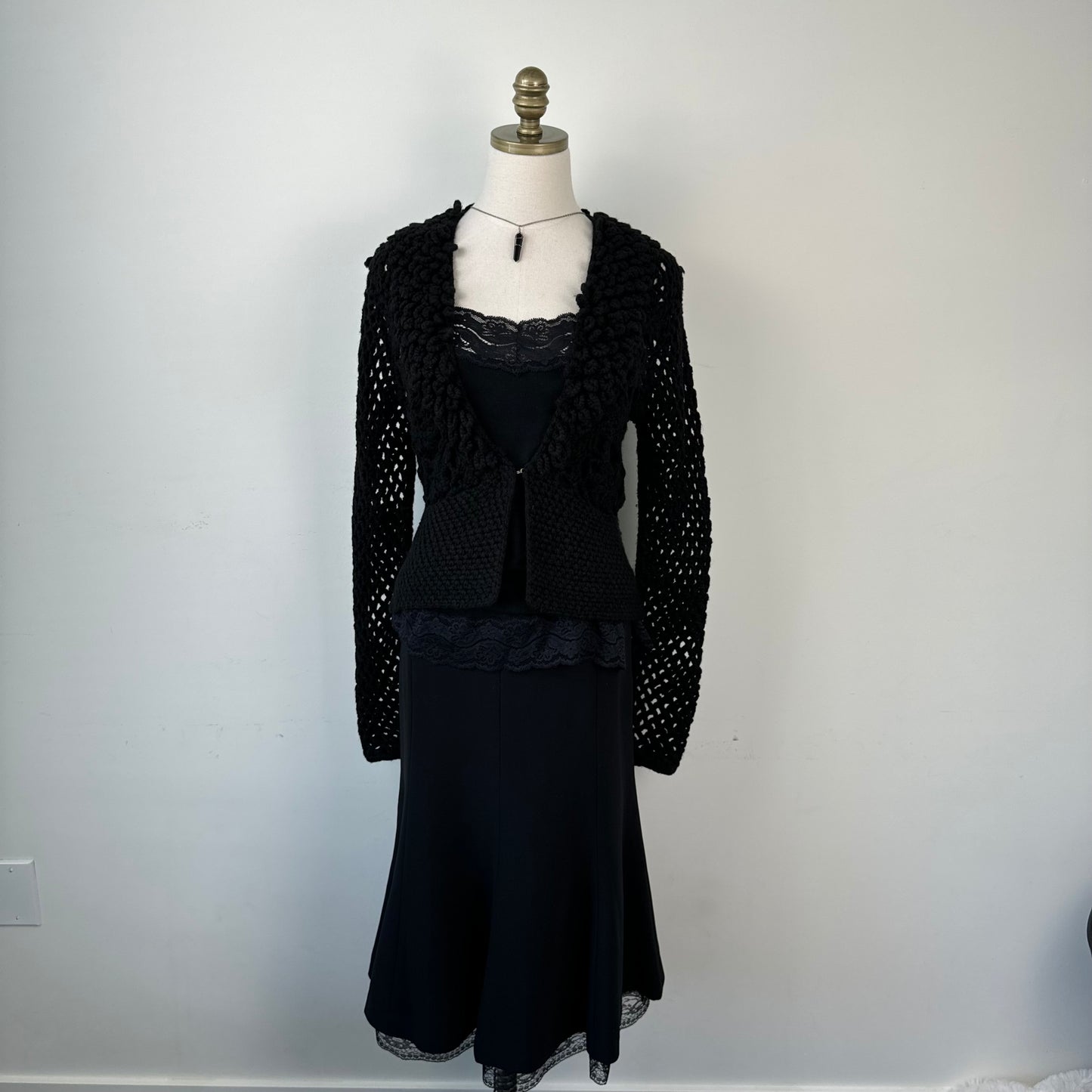 Black Open Front Mesh Crochet Sweater